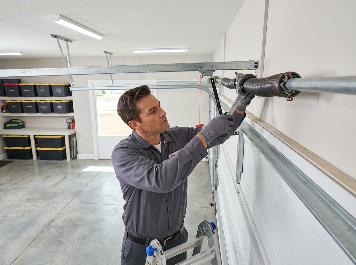 SwiftLift technician adjusting a garage door torsion spring with a winding bar