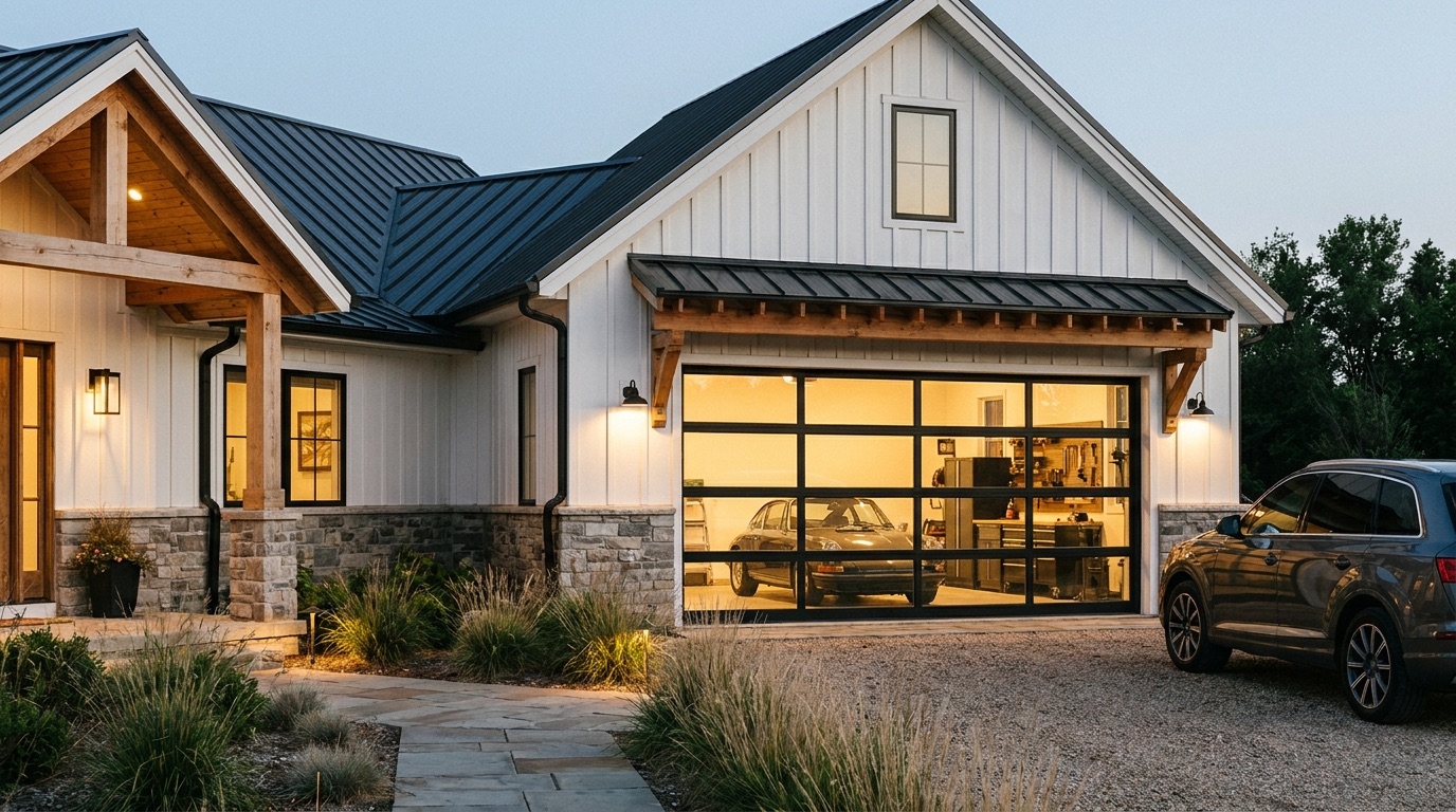 Modern black sectional garage door on a Pasadena home at dusk, installed by SwiftLift